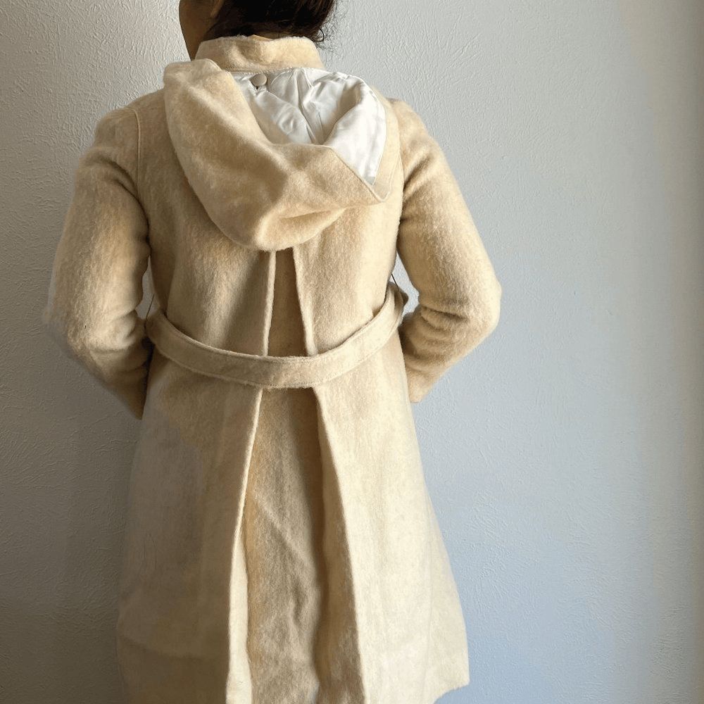 vtg 60s beige wool coat XXS girls 14/16 swing car coat hood made in Italy belted - Picture 5 of 12